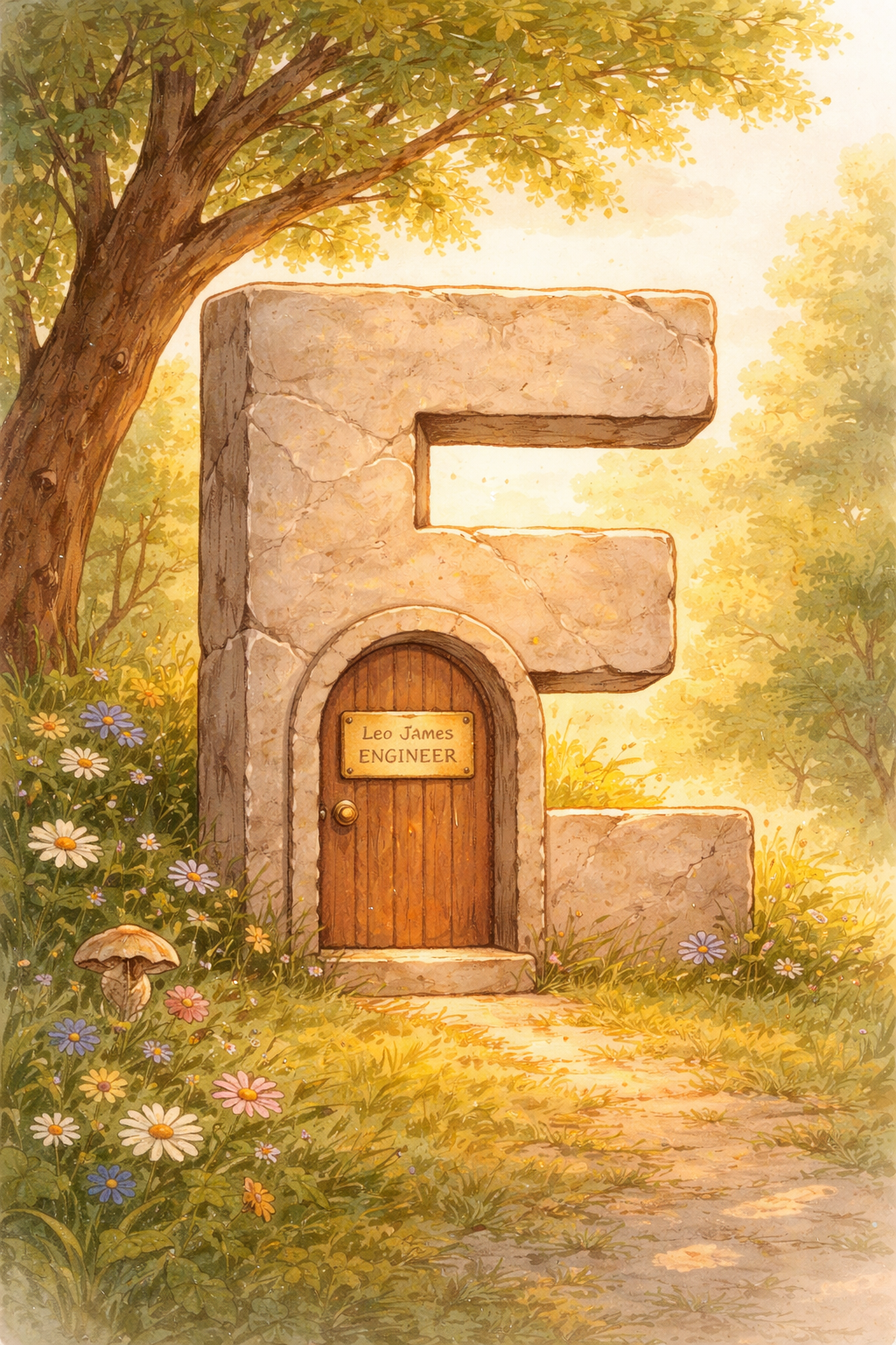 Watercolor illustration of letter E with a door